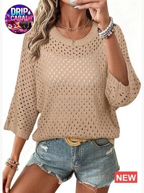 Women's 3/4 Sleeve Crochet Pullover Sweater